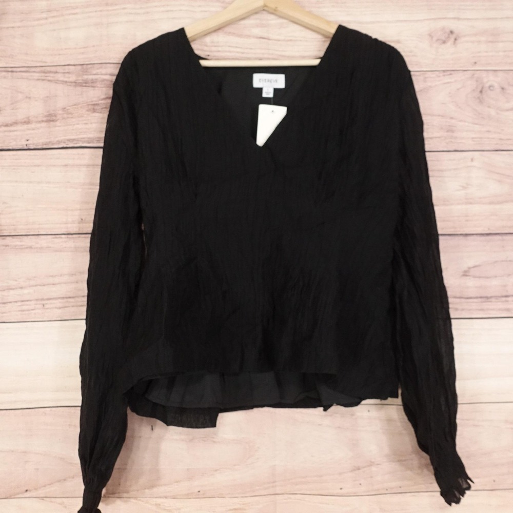 New!‎ Evereve Tess Blouse Womens L Black V-Neck Long Sleeve Gathered Waist Top